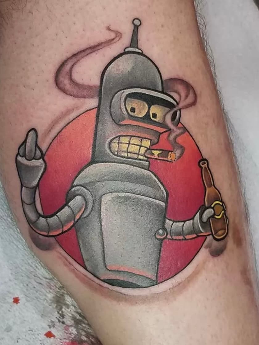 Bender from Futurama tattoo with cigar and beer on red circle background