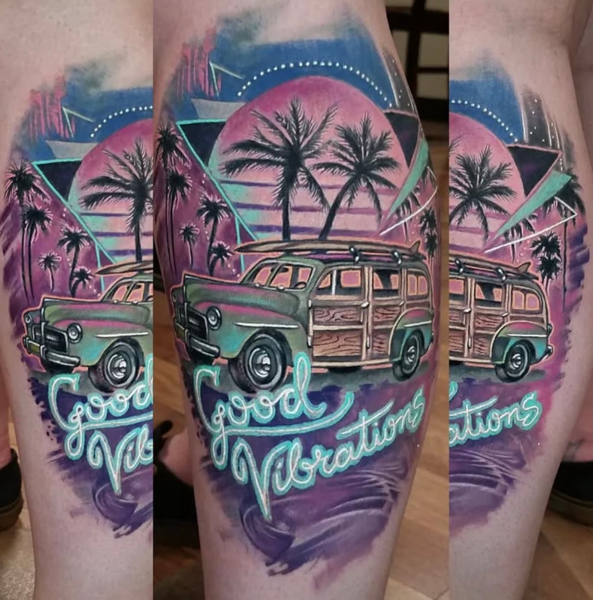 Colorful retro tattoo of woody wagon with palm trees and Good Vibrations text