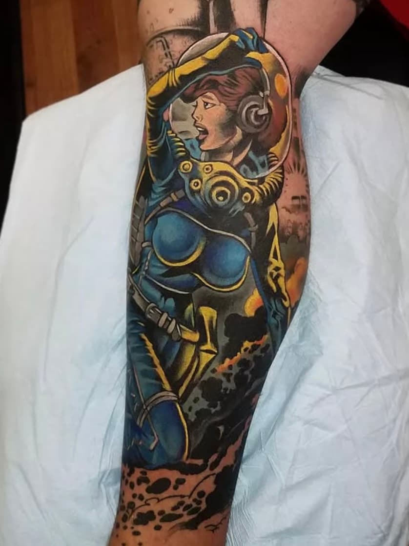 Colorful sci-fi themed full sleeve tattoo featuring woman with headphones